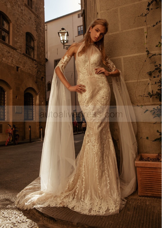 Halter Neck Ivory Lace Tulle Wedding Dress With Detachable Sleeve Halter Neck Ivory Lace Tulle Wedding Dress With Detachable Sleeve